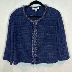 St John Women’s Knit Full zip blue tweed fringe sweater size 14 workwear luxury
